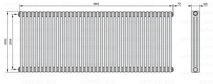 Схема (чертеж) Радиатор Zehnder Charleston 3300/40 №1270 Белый глянцевый RAL 9016